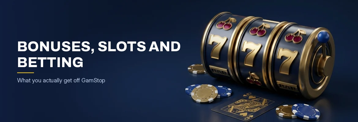 Slot reels, free spin tokens and a sportsbook coupon representing games and bonuses at casinos off GamStop